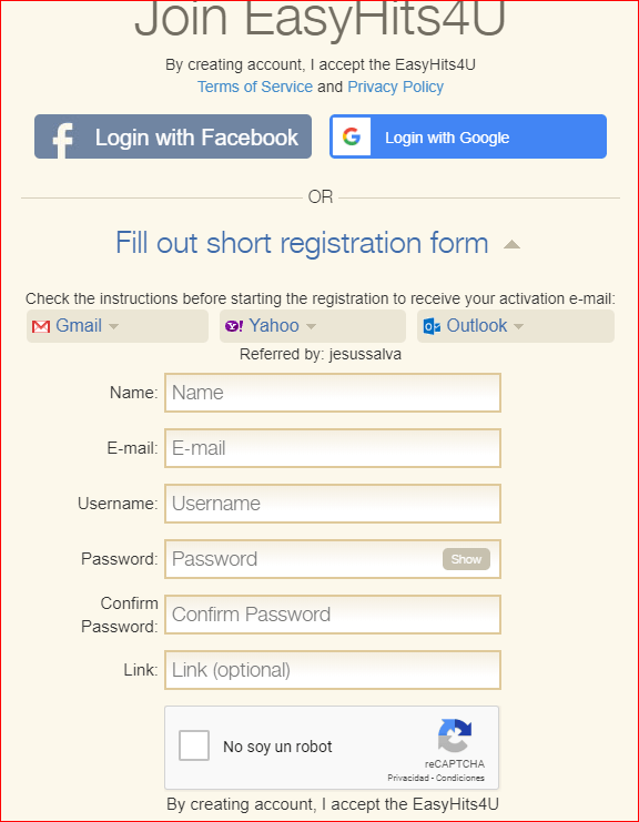 EasyHits4U Formulario de registro