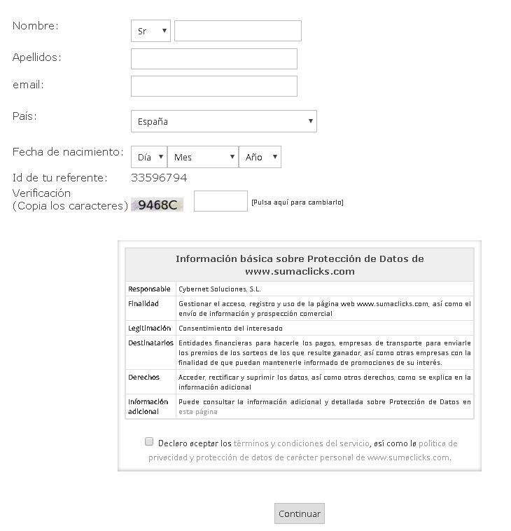 SumaClicks Formulario de registro