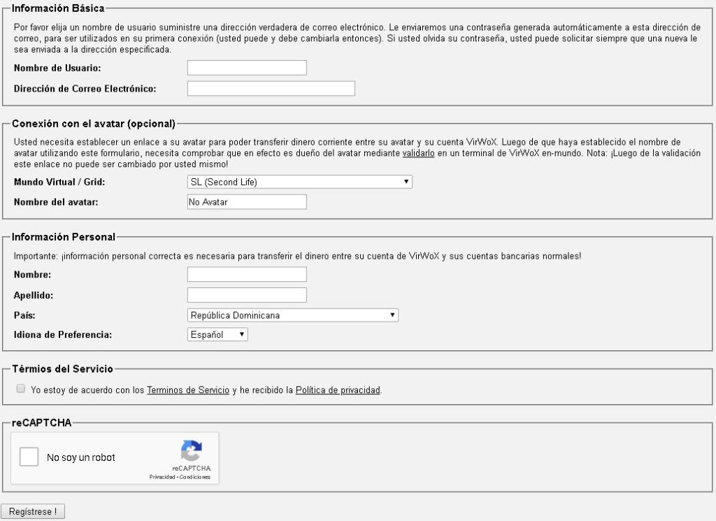 VirWox Formulario de registro